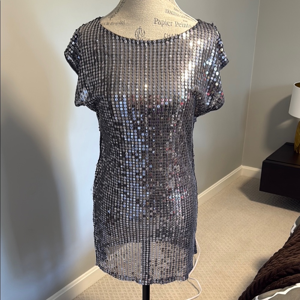 Silver Sequin Juniors Sheer Mini Dress